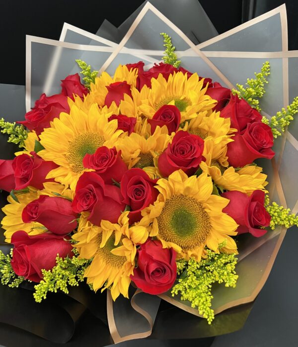 Long Stem Roses and Sunflowers Luxury Bouquet is a bouquet with 12 to 24 natural roses and 6 to 12 sunflowers, with greenery (leatherleaf, ruscus, and solidago), wrapped in black and gold paper, combining simplicity and beauty.
