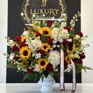 Red & White With Sunflowers Sympathy Arrangement in a Container - Designers Choice